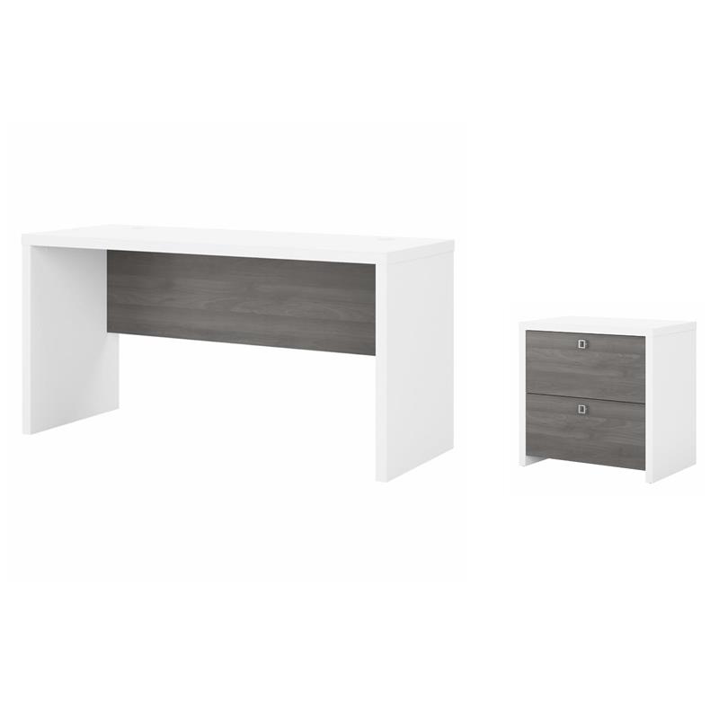 Pemberly Row Set of 2 60W Credenza Desk & Lateral File Cabinet in White & Gray