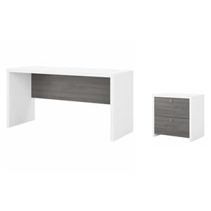Pemberly Row Set of 2 60W Credenza Desk & Lateral File Cabinet in White & Gray