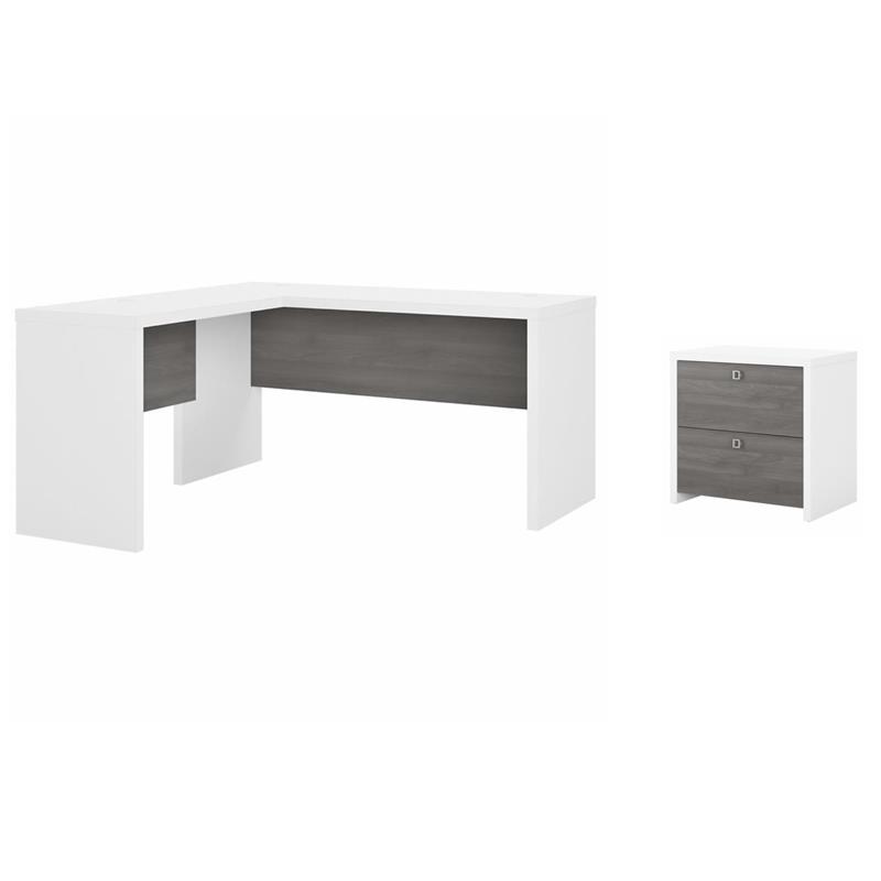 Pemberly Row Set of 2 L-Shaped Desk & Lateral File Cabinet in White & Gray