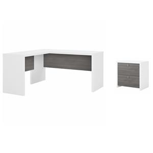 Pemberly Row Set of 2 L-Shaped Desk & Lateral File Cabinet in White & Gray