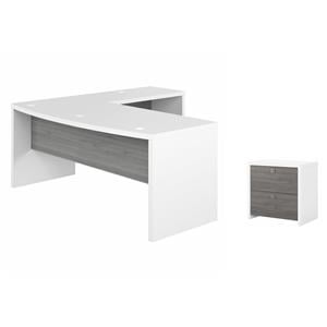 Pemberly Row Set of 2 Bow Front L-Shape Desk & Lateral File Cabinet - White/Gray