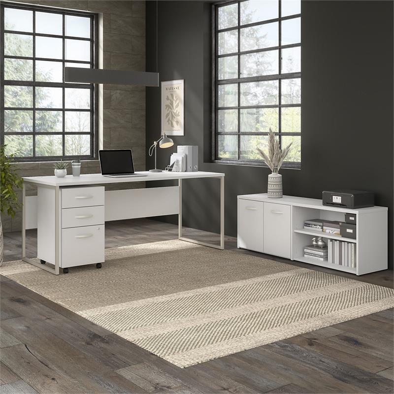 Pemberly Row Set of 2 Low Storage Cabinet & Computer Table Desk in White