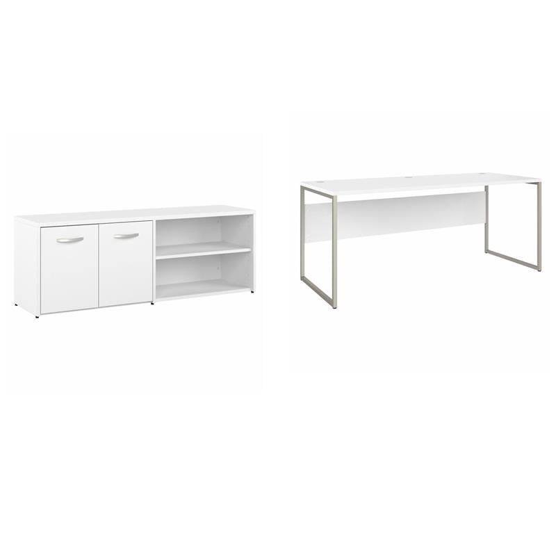 Pemberly Row Set of 2 Low Storage Cabinet & Computer Table Desk in White