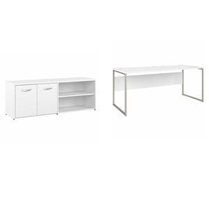 Pemberly Row Set of 2 Low Storage Cabinet & Computer Table Desk in White