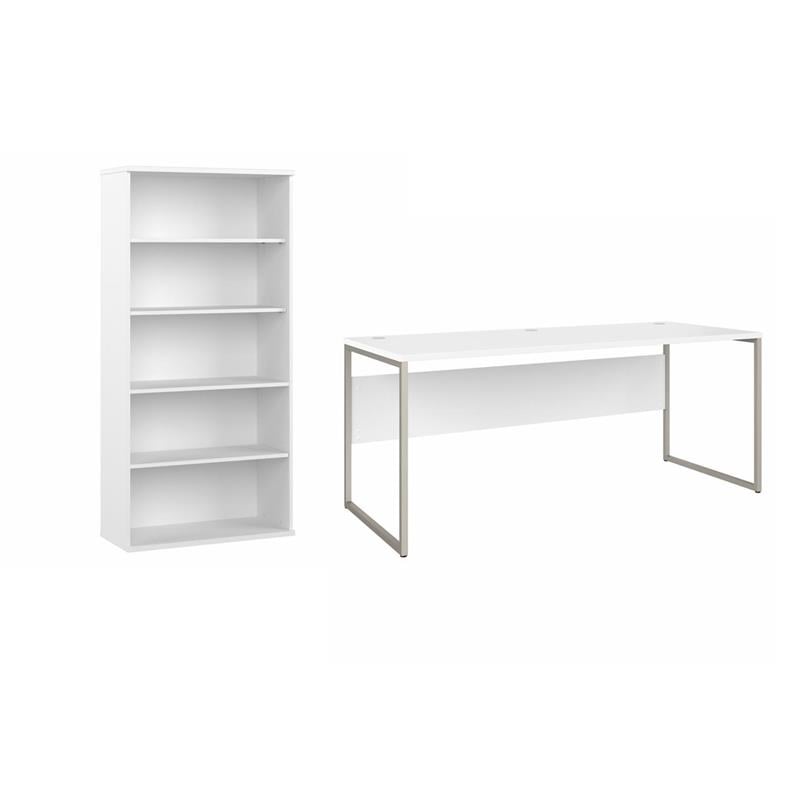 Pemberly Row Set of 2 Tall 5-Shelf Bookcase & Computer Table Desk in White