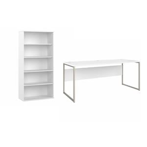 Pemberly Row Set of 2 Tall 5-Shelf Bookcase & Computer Table Desk in White