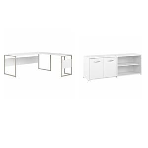 Pemberly Row Set of 2 Low Storage Cabinet & L-Shaped Table Desk in White