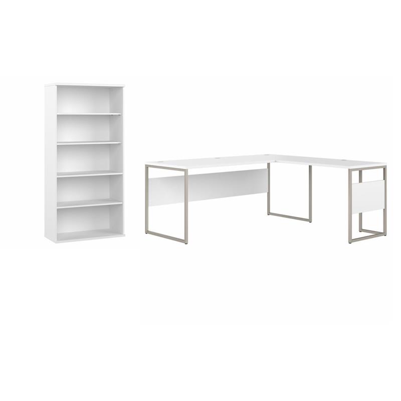 Pemberly Row Set of 2 Tall 5-Shelf Bookcase & L-Shaped Table Desk in White