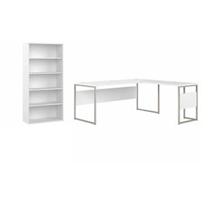 Pemberly Row Set of 2 Tall 5-Shelf Bookcase & L-Shaped Table Desk in White