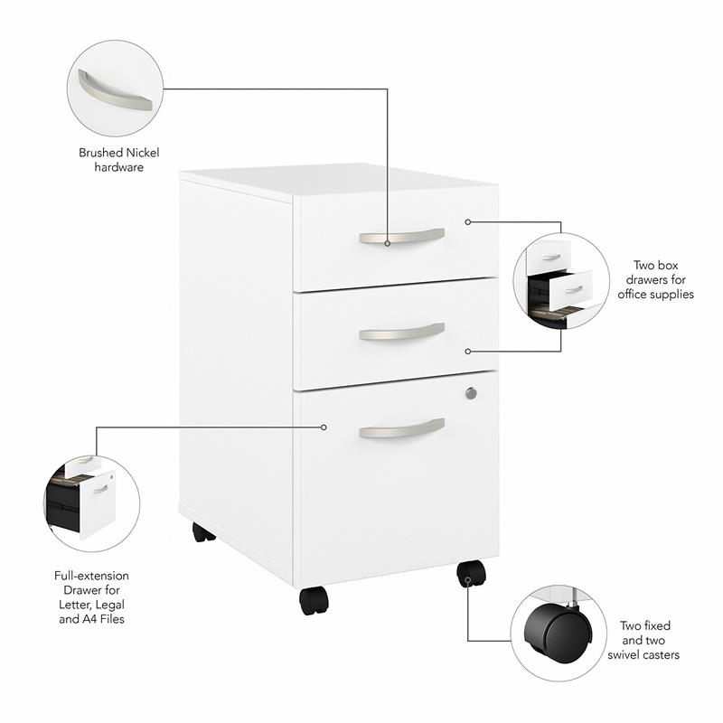 Pemberly Row Set of 2 Mobile File Cabinet & L-Shaped Table Desk in White