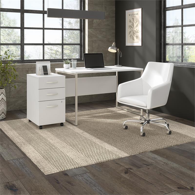 Pemberly Row Set of 2 Mobile File Cabinet & L-Shaped Table Desk in White