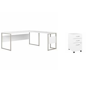 Pemberly Row Set of 2 Mobile File Cabinet & L-Shaped Table Desk in White