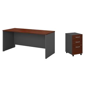 Pemberly Row Set of 2 60W Credenza Desk & Mobile File Cabinet in Hansen Cherry