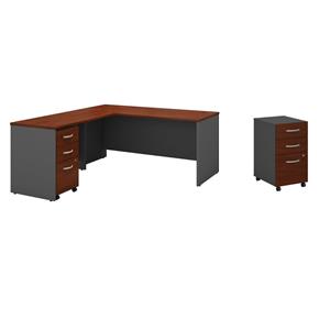Pemberly Row Set of 2 66W L-Shaped Desk & Mobile File Cabinet in Hansen Cherry