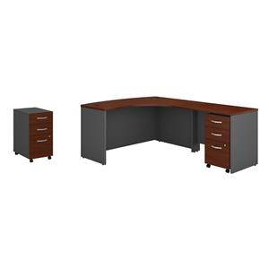 Pemberly Row Set of 2 Wood L-Shaped Desk & Mobile File Cabinet in Hansen Cherry