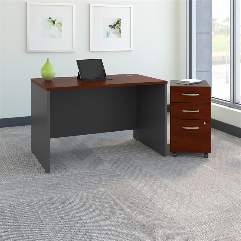 Pemberly Row Set of 2 48W Office Desk & 5-Shelf Bookcase in Hansen Cherry