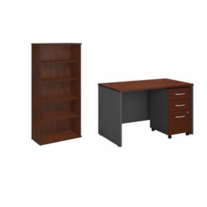 Pemberly Row Set of 2 48W Office Desk & 5-Shelf Bookcase in Hansen Cherry