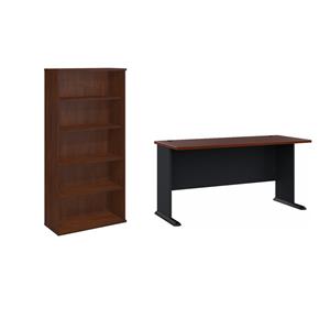 Pemberly Row Set of 2 60W Office Desk & 5-Shelf Bookcase in Hansen Cherry
