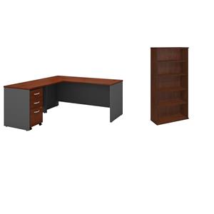 Pemberly Row Set of 2 66W L-Shaped Desk & 5-Shelf Bookcase in Hansen Cherry