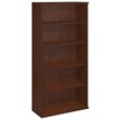 Pemberly Row Set of 2 Wood L-Shaped Desk & 5-Shelf Bookcase in Hansen Cherry
