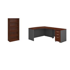 Pemberly Row Set of 2 Wood L-Shaped Desk & 5-Shelf Bookcase in Hansen Cherry