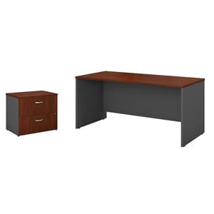 Pemberly Row Set of 2 60W Credenza Desk & Lateral File Cabinet in Hansen Cherry