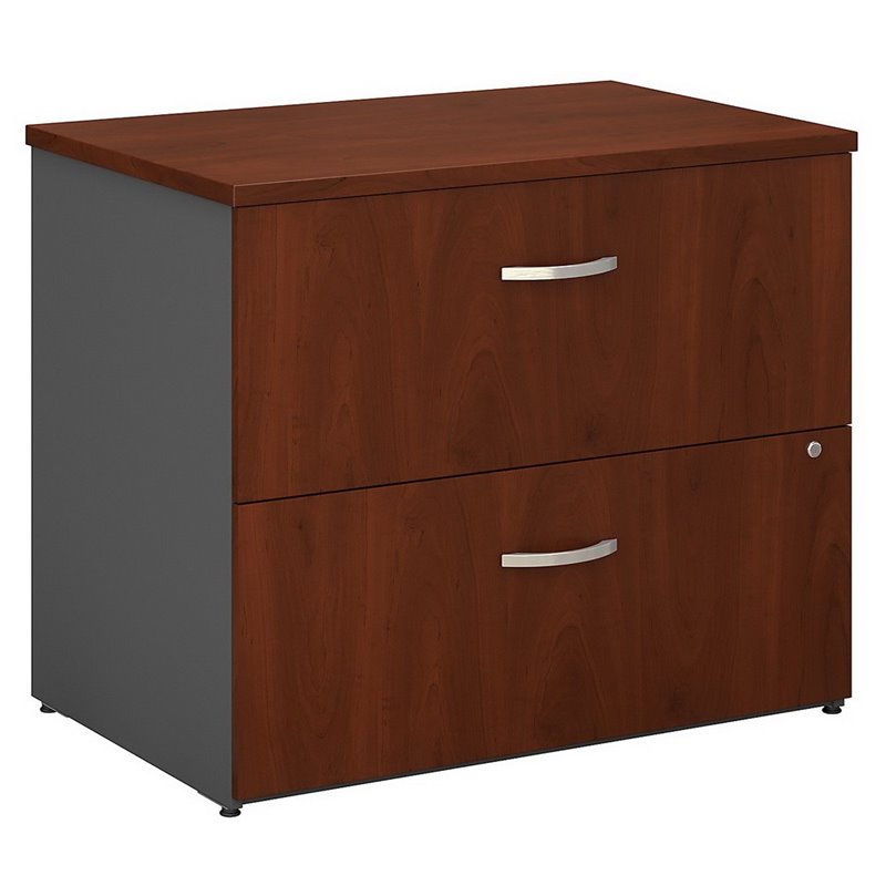 Pemberly Row Set of 2 66W L-Shaped Desk & Lateral File Cabinet in Hansen Cherry