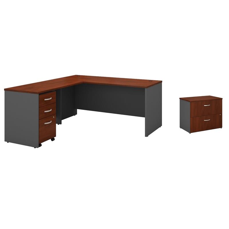 Pemberly Row Set of 2 66W L-Shaped Desk & Lateral File Cabinet in Hansen Cherry