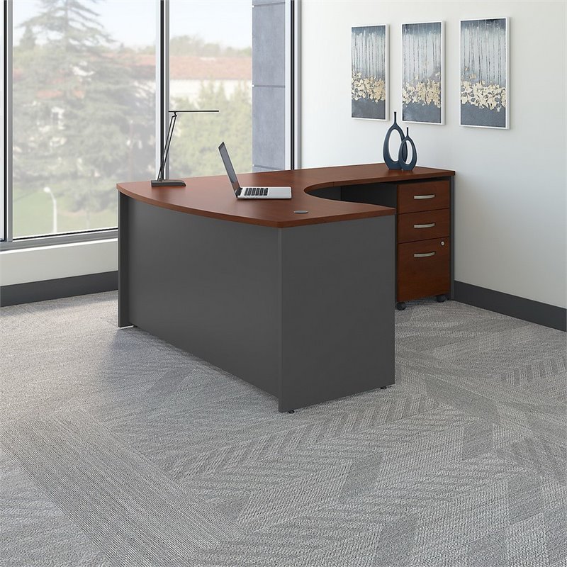 Pemberly Row Set of 2 Wood L-Shaped Desk & Lateral File Cabinet in Hansen Cherry