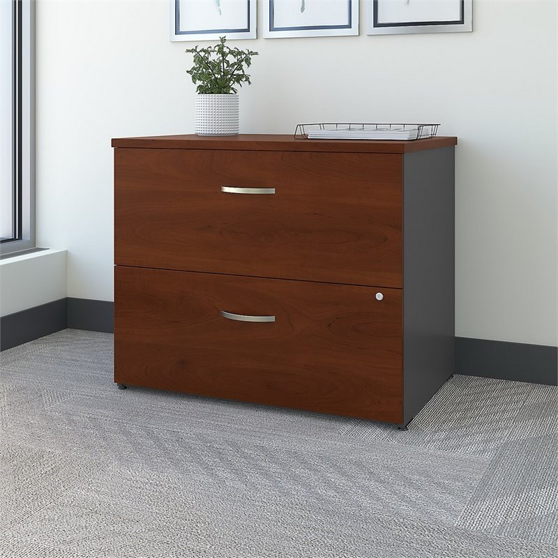 Pemberly Row Set of 2 Wood L-Shaped Desk & Lateral File Cabinet in Hansen Cherry