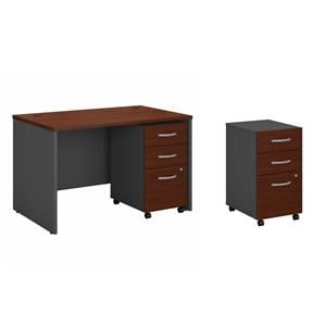 Pemberly Row Set of 2 48W Office Desk & Mobile File Cabinet in Hansen Cherry