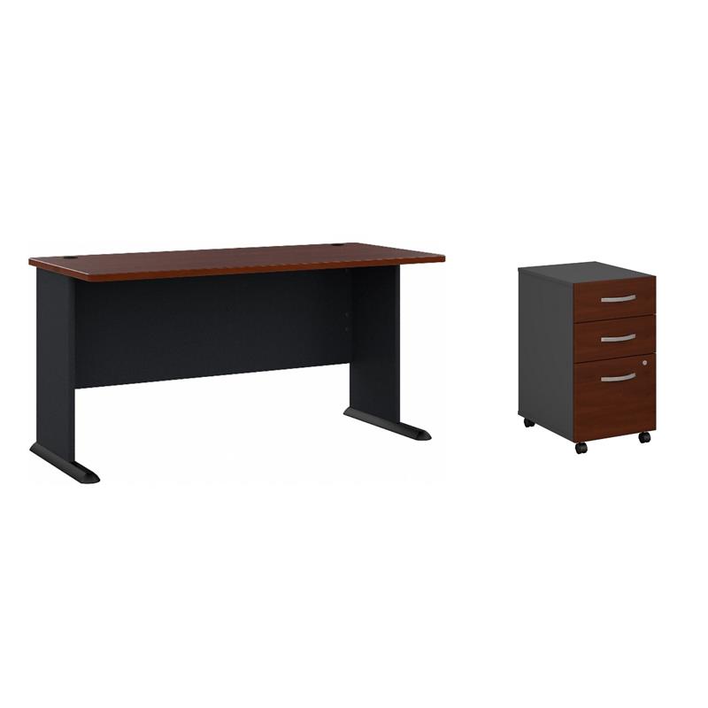 Pemberly Row Set of 2 60W Office Desk & Mobile File Cabinet in Hansen Cherry
