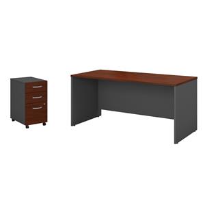 Pemberly Row Set of 2 60W Credenza Desk & Mobile File Cabinet in Hansen Cherry