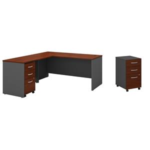 Pemberly Row Set of 2 66W L-Shaped Desk & Mobile File Cabinet in Hansen Cherry