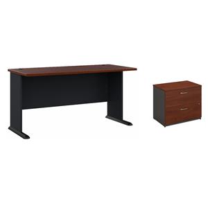 Pemberly Row Set of 2 60W Office Desk & Lateral File Cabinet in Hansen Cherry