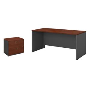 Pemberly Row Set of 2 60W Credenza Desk & Lateral File Cabinet in Hansen Cherry