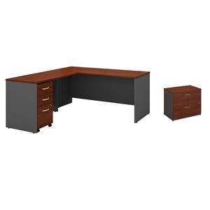 Pemberly Row Set of 2 66W L-Shaped Desk & Lateral File Cabinet in Hansen Cherry