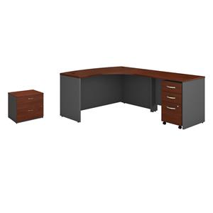Pemberly Row Set of 2 Wood L-Shaped Desk & Lateral File Cabinet in Hansen Cherry