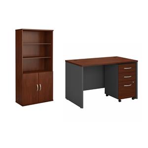 Pemberly Row Set of 2 48W Office Desk & 5-Shelf Bookcase in Hasnen Cherry