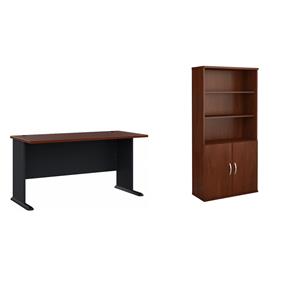 Pemberly Row Set of 2 60W Office Desk & 5-Shelf Bookcase in Hasnen Cherry