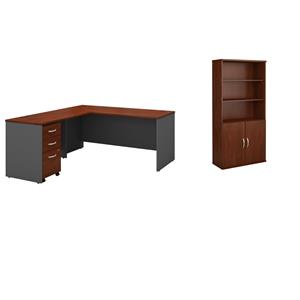 Pemberly Row Set of 2 66W L-Shaped Desk & 5-Shelf Bookcase in Hasnen Cherry