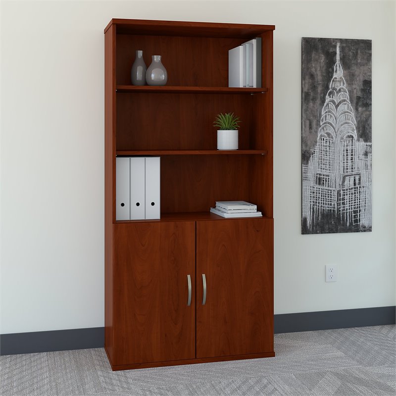 Pemberly Row Set of 2 Wood L-Shaped Desk & 5-Shelf Bookcase in Hasnen Cherry