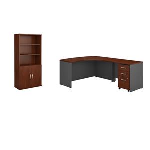 Pemberly Row Set of 2 Wood L-Shaped Desk & 5-Shelf Bookcase in Hasnen Cherry