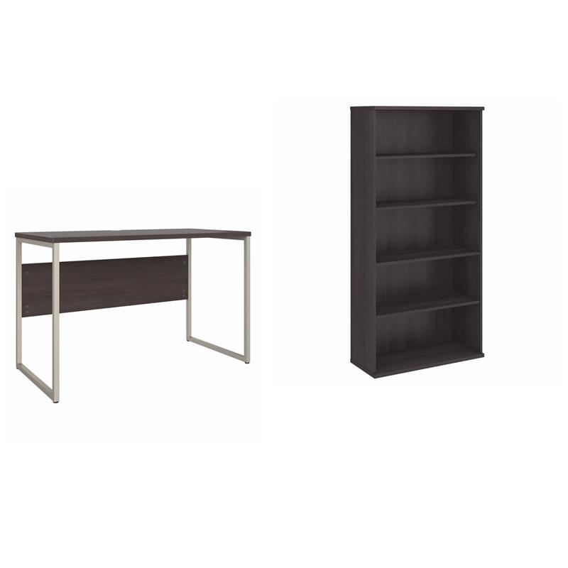 Pemberly Row Set of 2 Tall 5-Shelf Bookcase & Computer Table Desk in Storm Gray