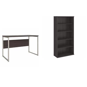 Pemberly Row Set of 2 Tall 5-Shelf Bookcase & Computer Table Desk in Storm Gray