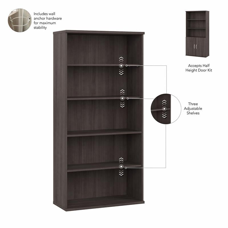 Pemberly Row Set of 2 Tall 5-Shelf Bookcase & Computer Table Desk in Storm Gray