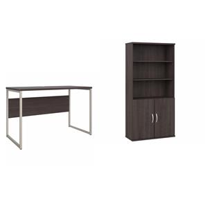 Pemberly Row Set of 2 Tall 5-Shelf Bookcase & Computer Table Desk in Storm Gray