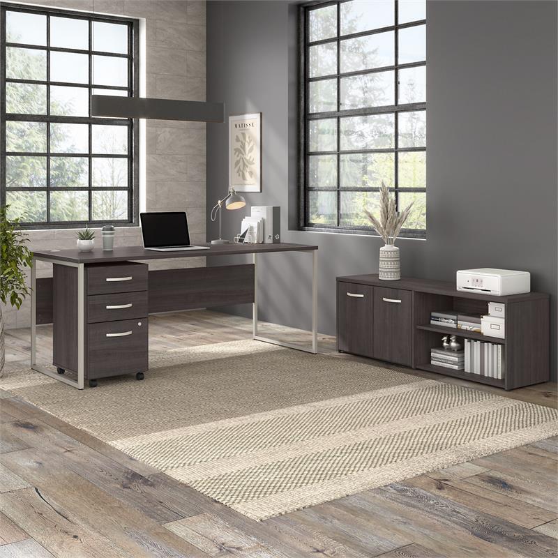 Pemberly Row Set of 2 Low Storage Cabinet & Computer Table Desk in Storm Gray