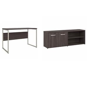 Pemberly Row Set of 2 Low Storage Cabinet & Computer Table Desk in Storm Gray