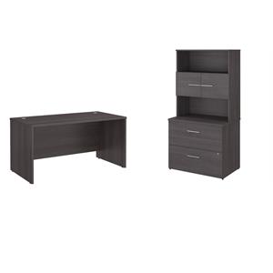 Pemberly Row Set of 2 Office Desk & Lateral File Cabinet in Storm Gray